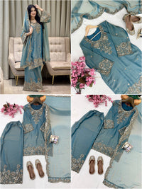 Designer Kurti-Palazzo set in premium moss tissue silk