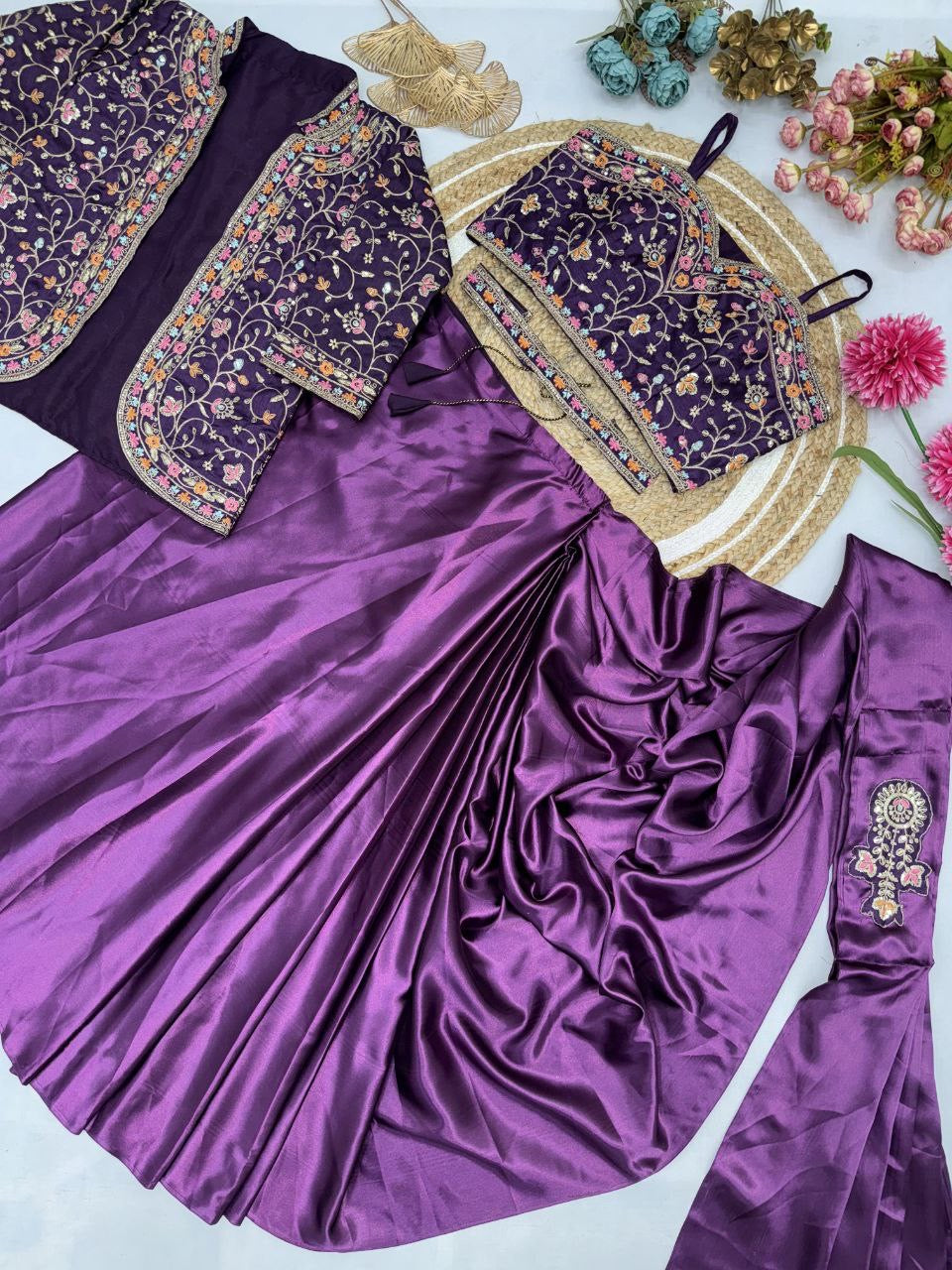 Ready To Wear Diamond Satin Silk Saree with Jacket & Embroidery Belt