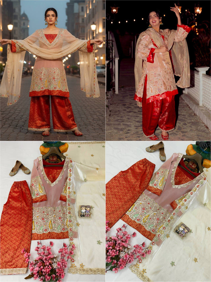 Pure Tissue Silk Kurti Palazzo Set with Dupatta in Ivory color — LC 1446