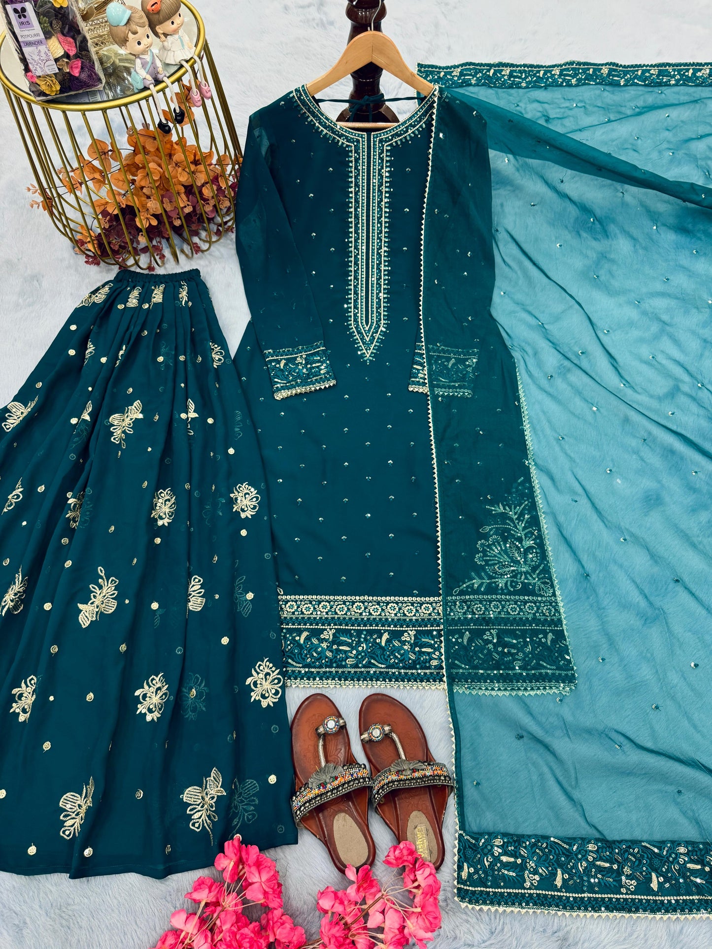 Designer Heavy Faux Georgette Top Palazzo & Dupatta Set with 3mm & 5mm Sequence Work