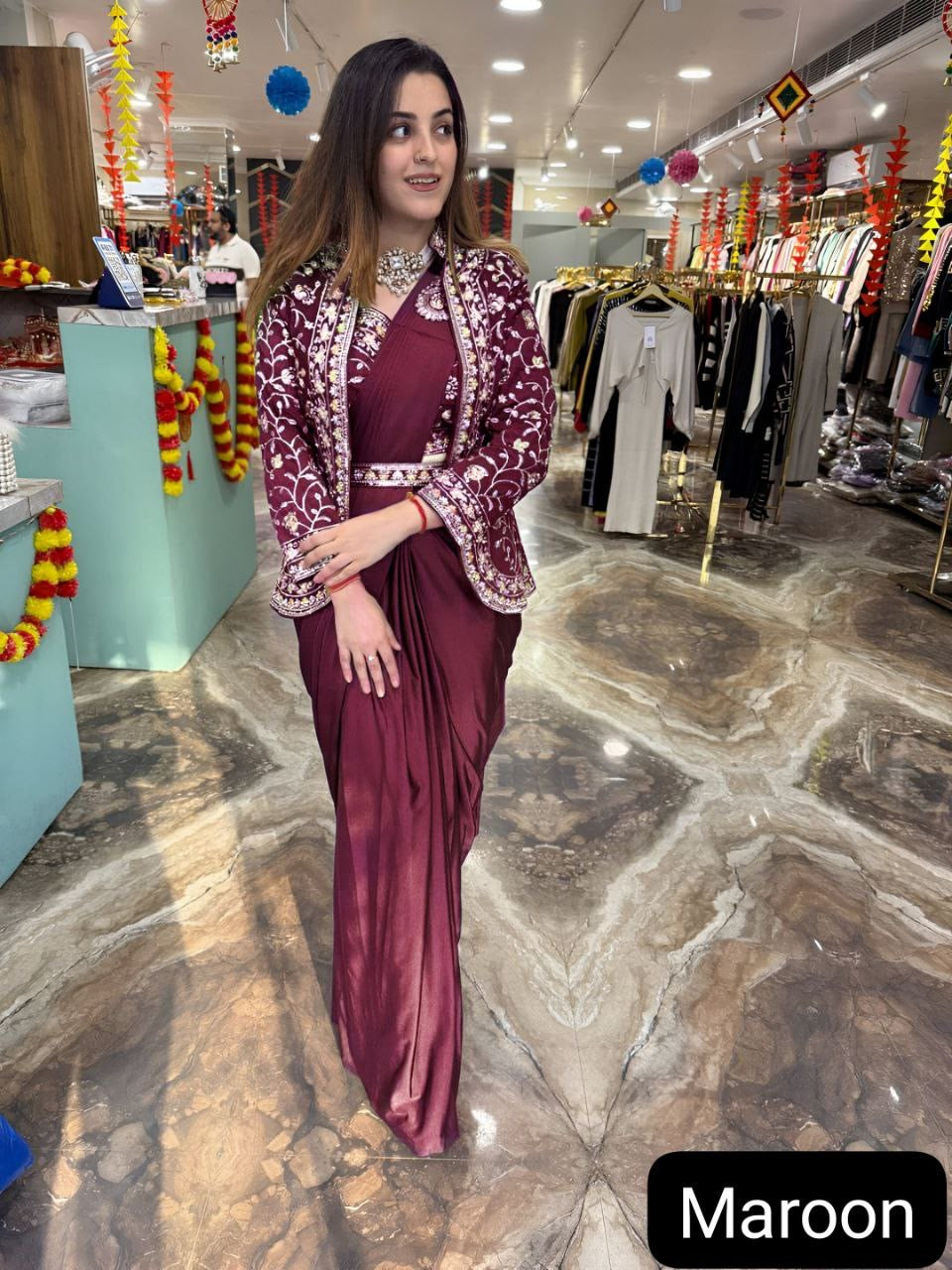 Ready To Wear Diamond Satin Silk Saree with Jacket & Embroidery Belt
