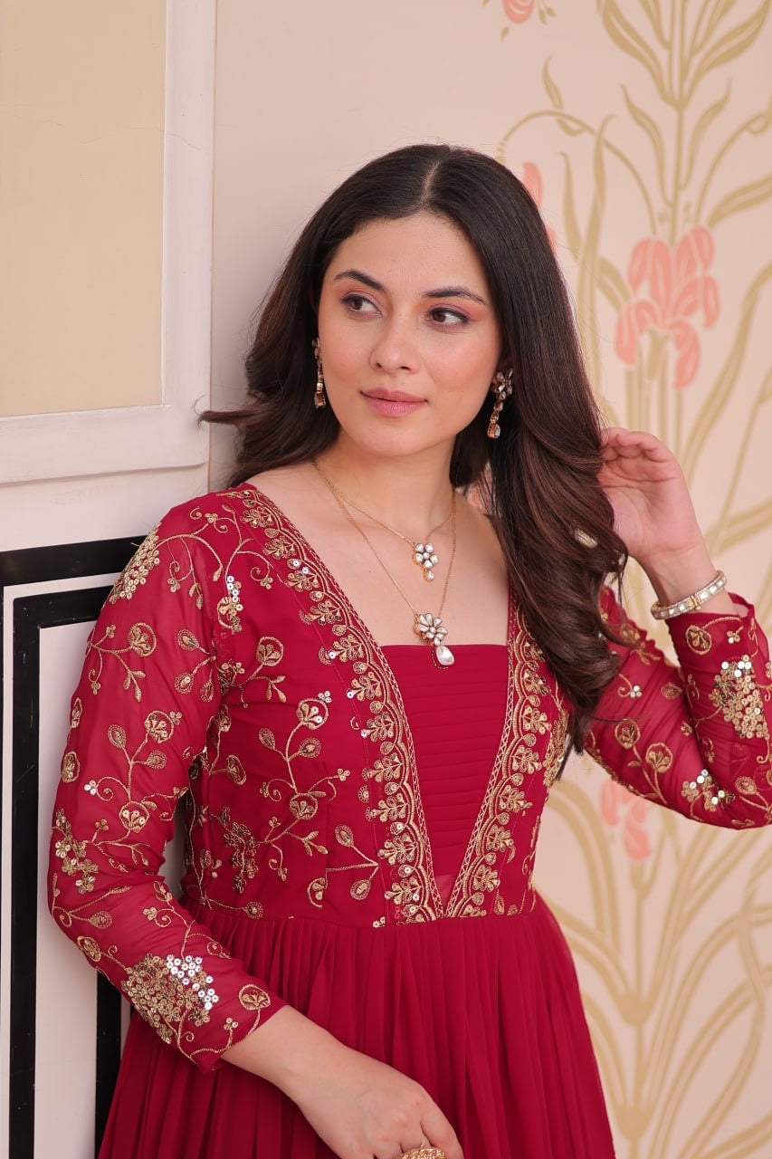Premium Readymade Gown with Sequins & Zari Embroidery - 12 Meter Flair - FFlw9237