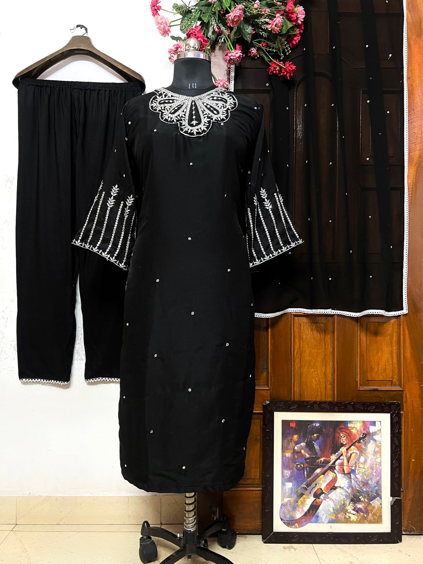 Premium Muslin Cotton Kurti-Pant Set with Sequins Embroidery & Fancy Lace - LC 1311