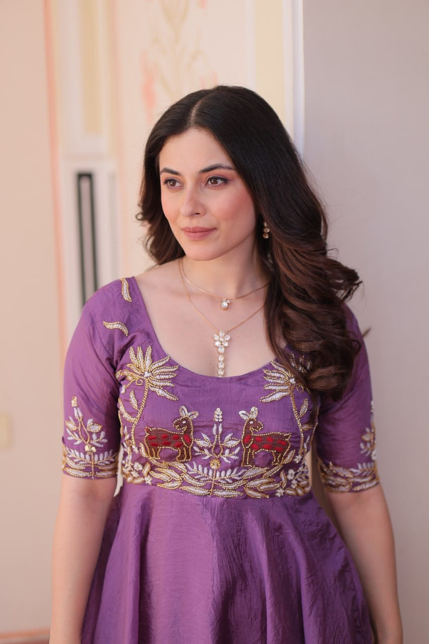 Premium Readymade Designer Gold Crush Gown with Beads Embroidery & Umbrella Flair