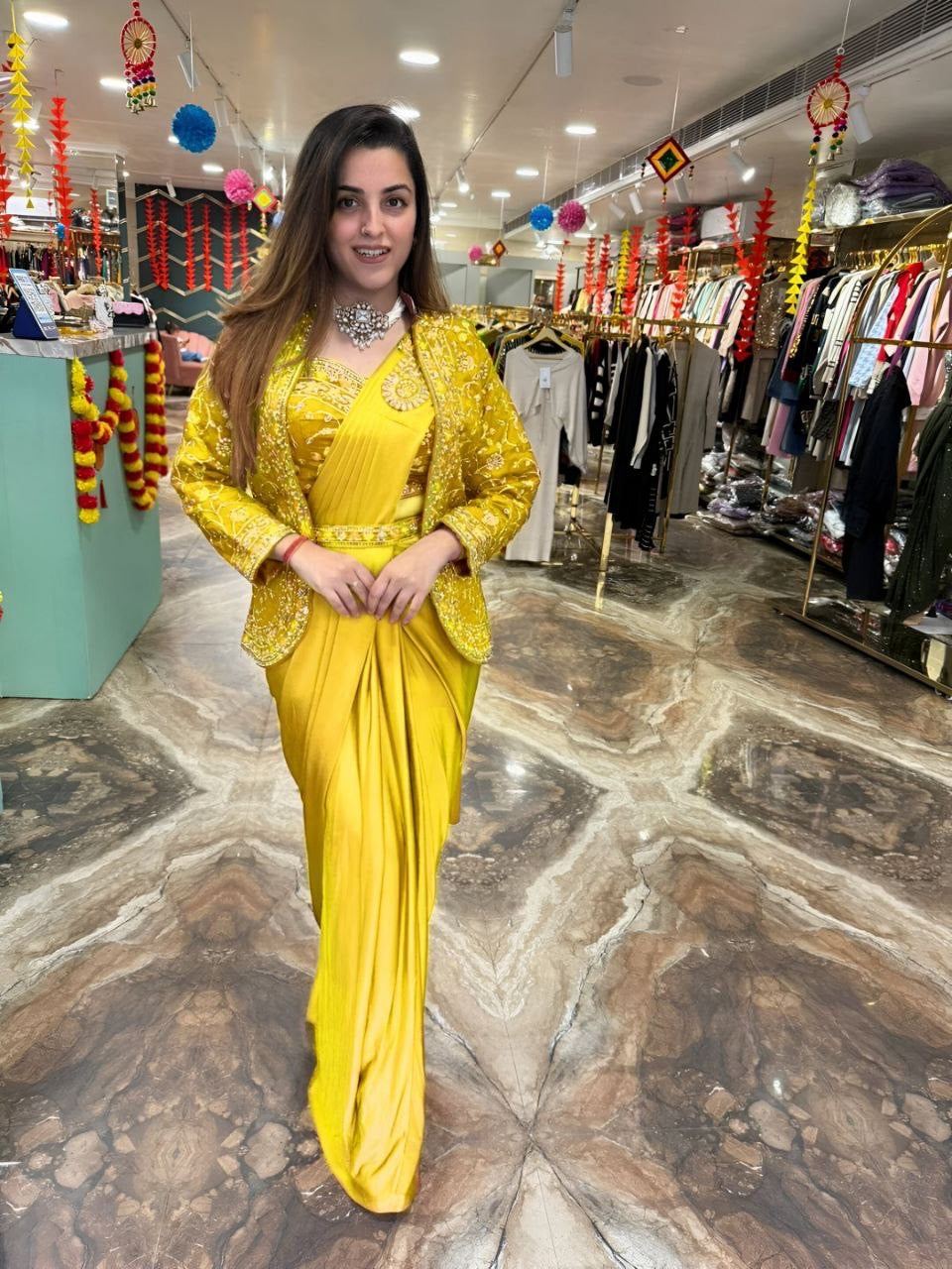 Ready To Wear Diamond Satin Silk Saree with Jacket & Embroidery Belt