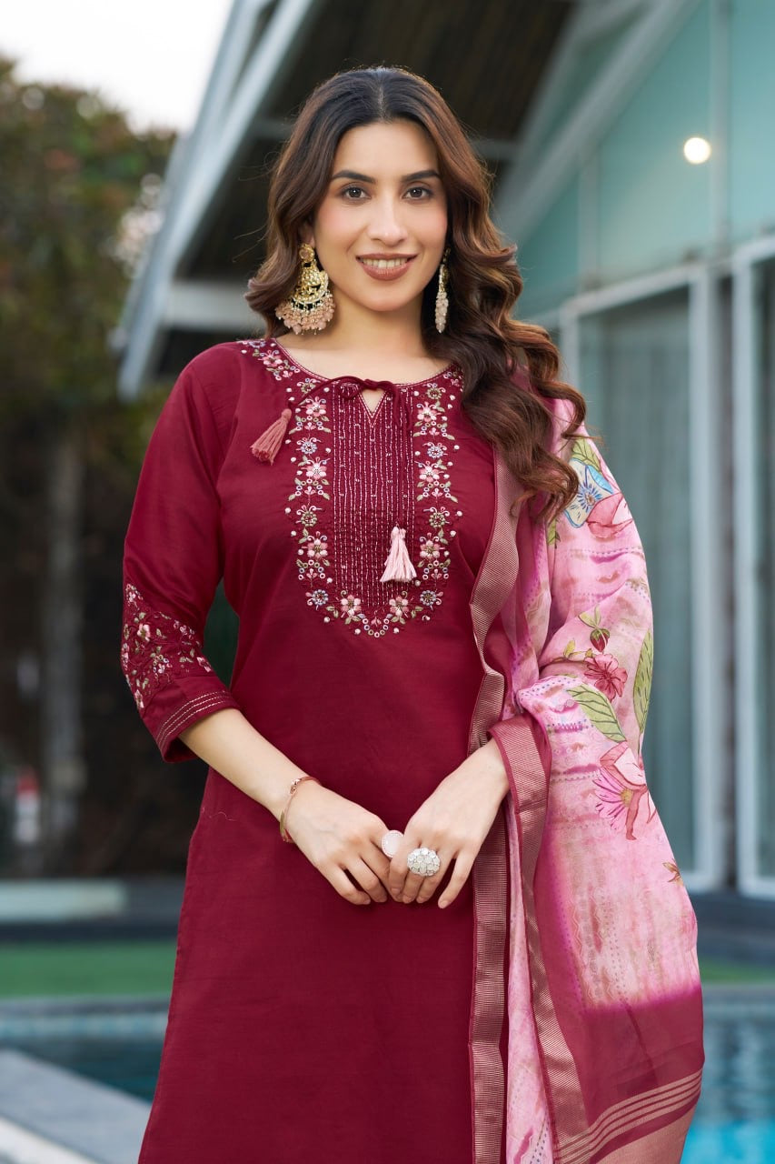 Elegant Viscose Silk Straight Kurti Pant Dupatta Set with Multi Embroidery & Hand Work