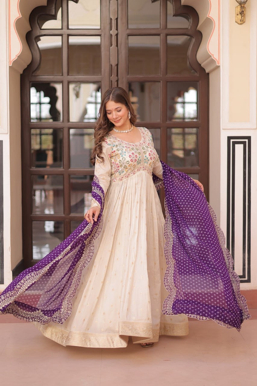 Trending Cosmos Jacquard Gown with Bandhani Printed Embroidered Cut Work Dupatta