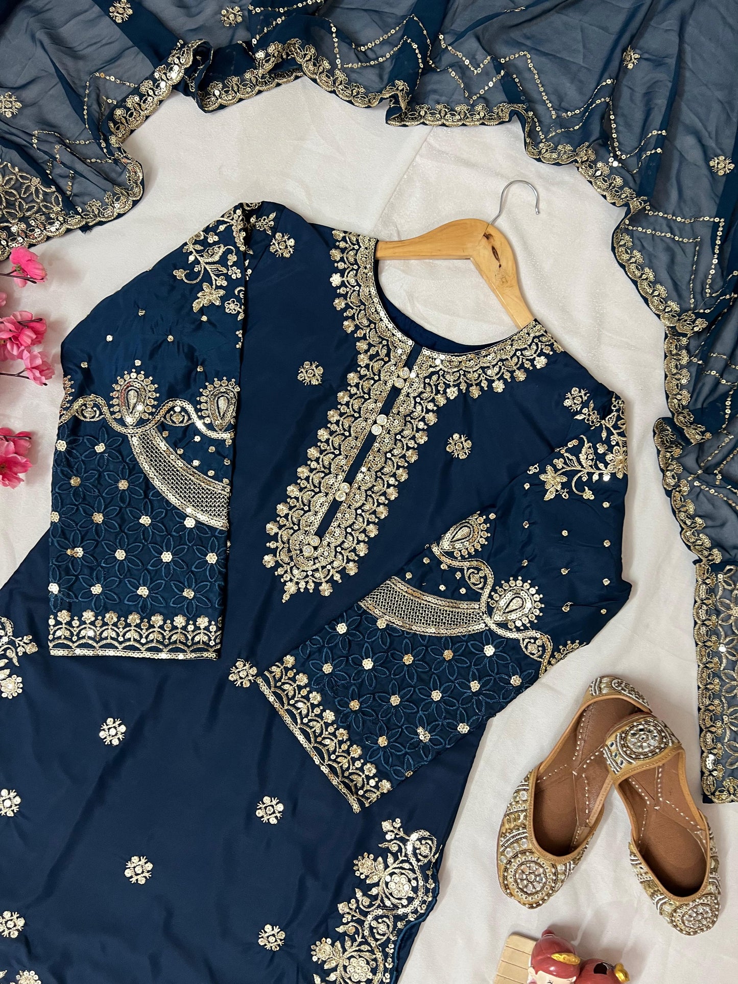 Natural Crepe Kurti Pant Set with Zari & Sequin Embroidery - LC-1370
