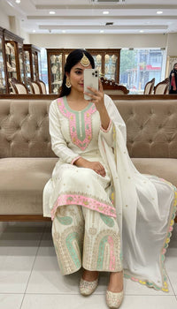 Black & White Kurti Palazzo Set in premium chinon silk fabric with multy color thread Embroidery work