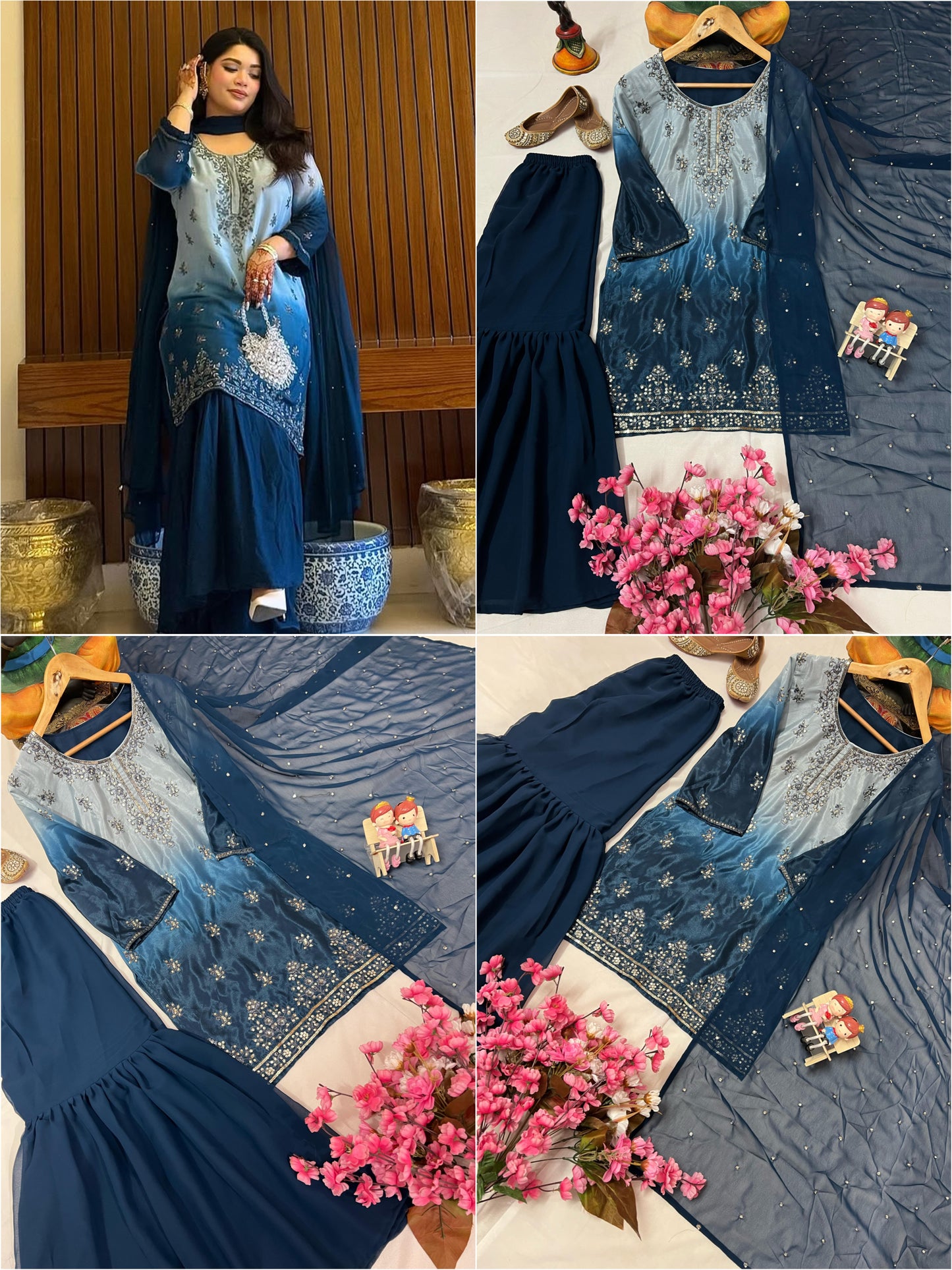 Chinon Silk Kurti & Ruffled Sharara Set with Sequin Embroidery - LC 1370