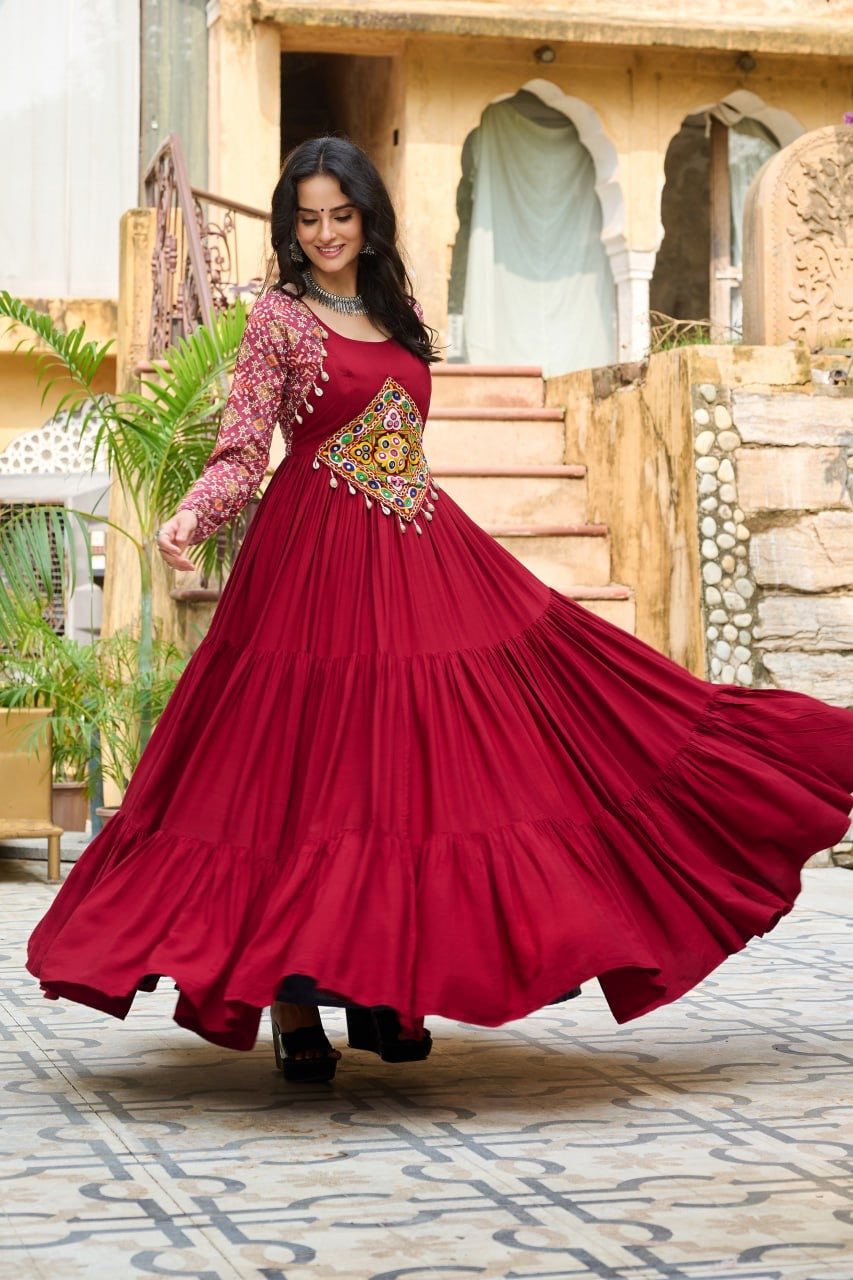 Navratri Gown with Kutchi Gamthi Embroidery - 12 Meter Flair - FFlw 9256