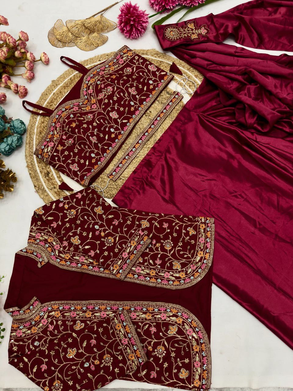 Ready To Wear Diamond Satin Silk Saree with Jacket & Embroidery Belt