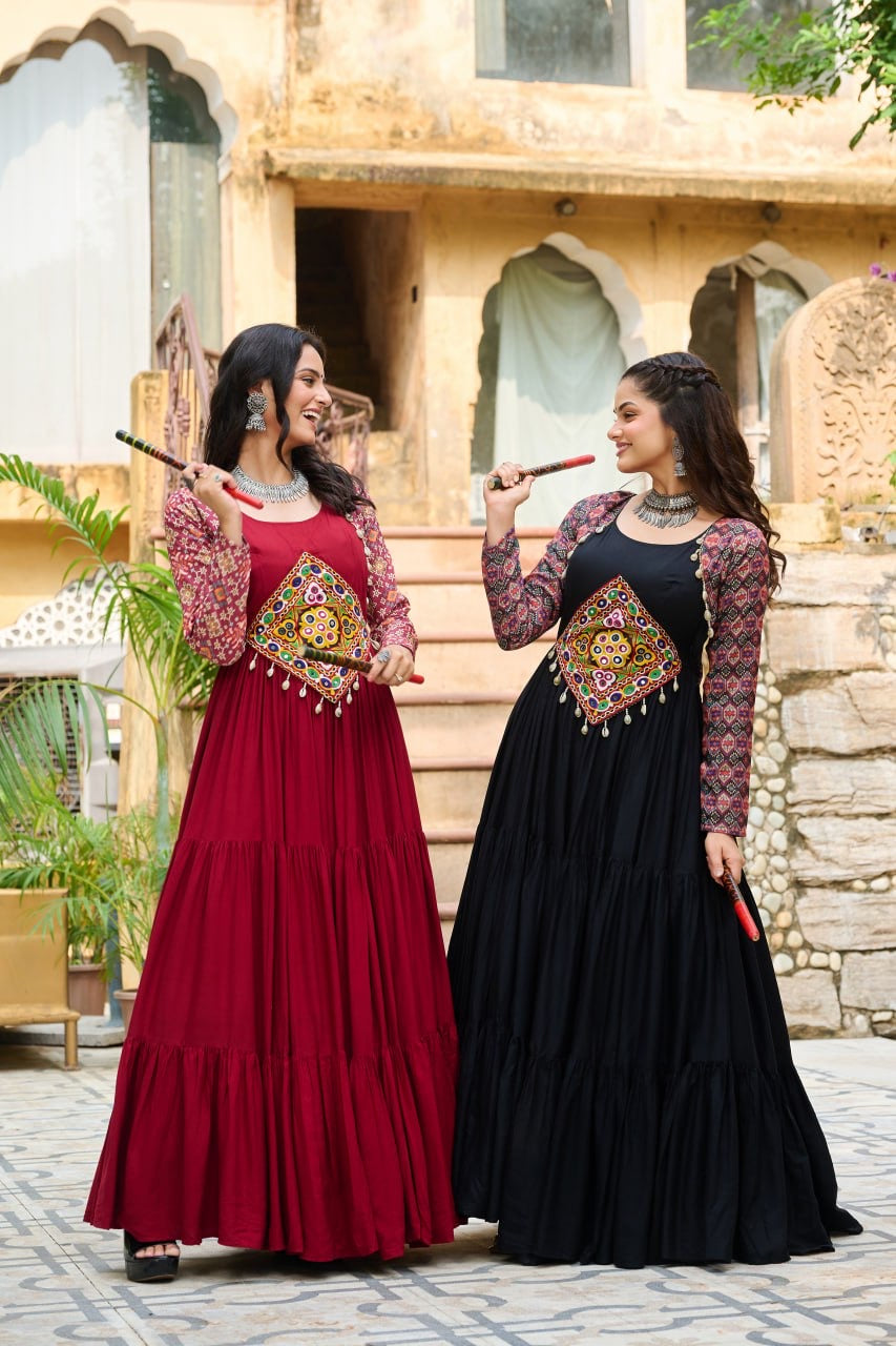Navratri Gown with Kutchi Gamthi Embroidery - 12 Meter Flair - FFlw 9256