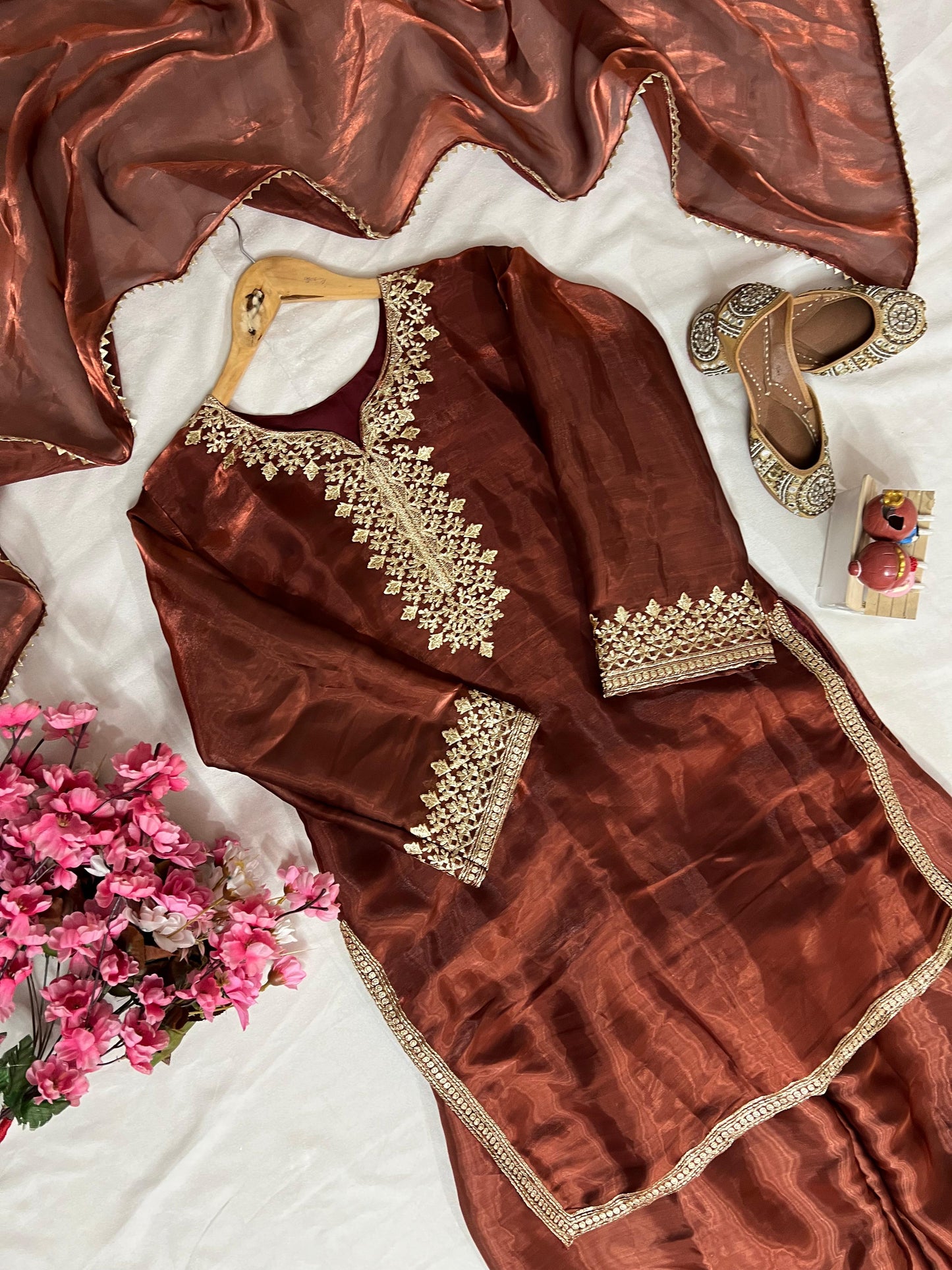 Trending New Traditional Brown Jimmi chhoo Silk Embroidered Farsi Salwar Kameez with Dupatta - LC 1388