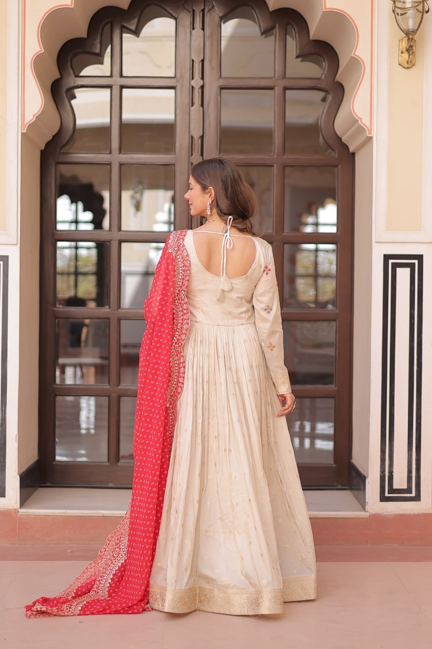 Trending Cosmos Jacquard Gown with Bandhani Printed Embroidered Cut Work Dupatta