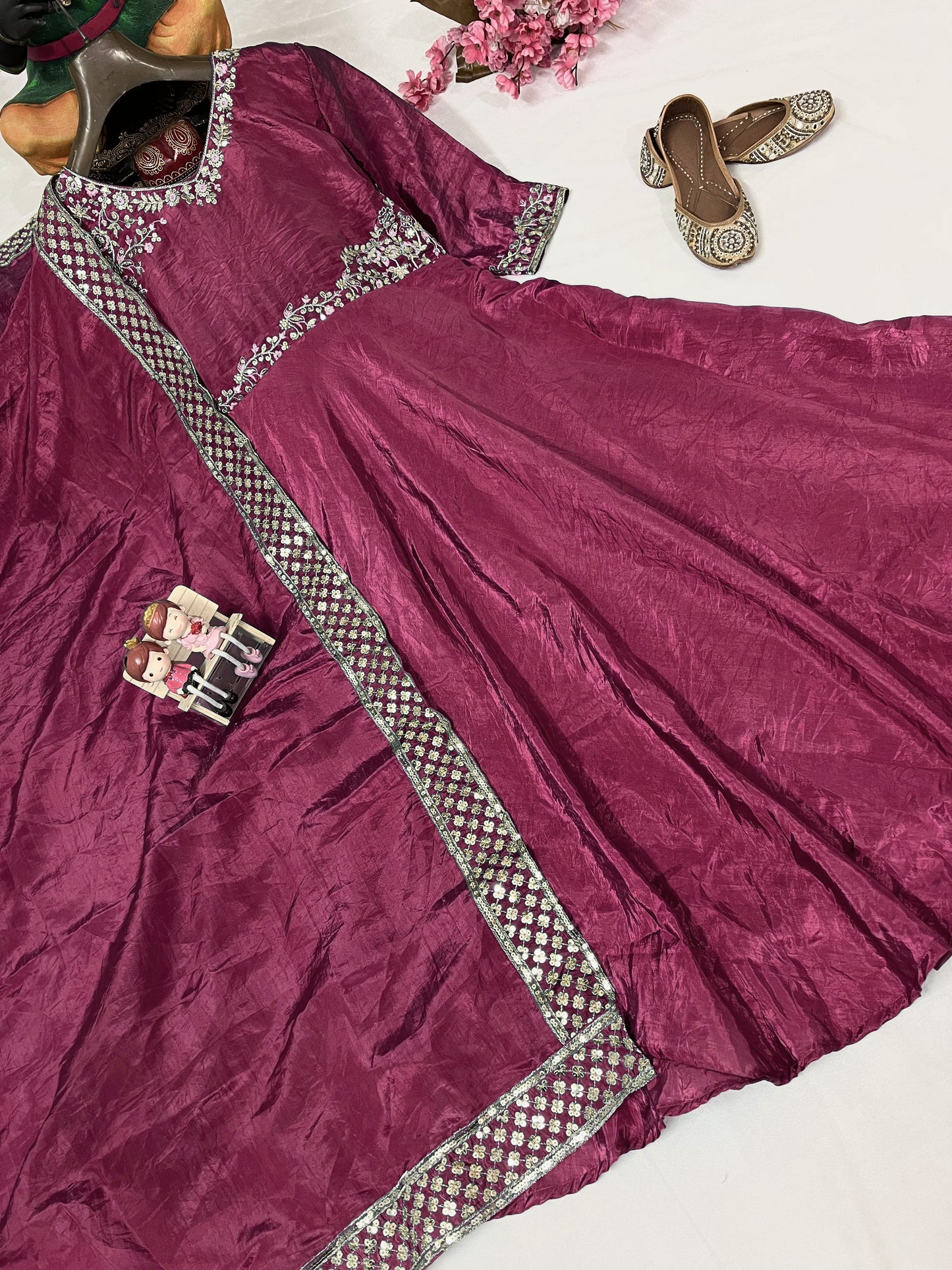 Gold Crushed Silk Gown with Thread & Sequin Embroidery - VF 206