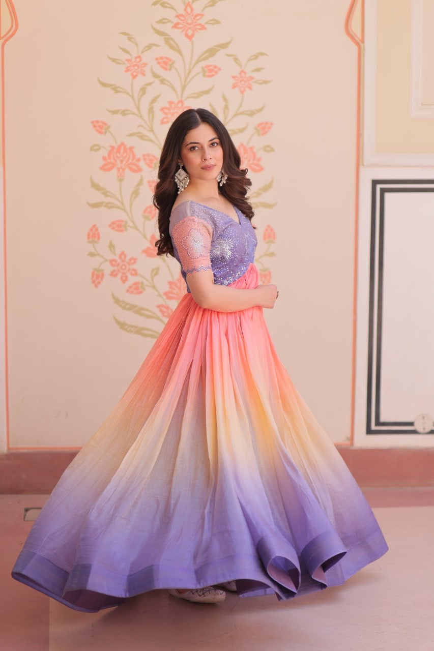 Premium Readymade Designer Gown with Gold Crush Padding & Beads Embroidery