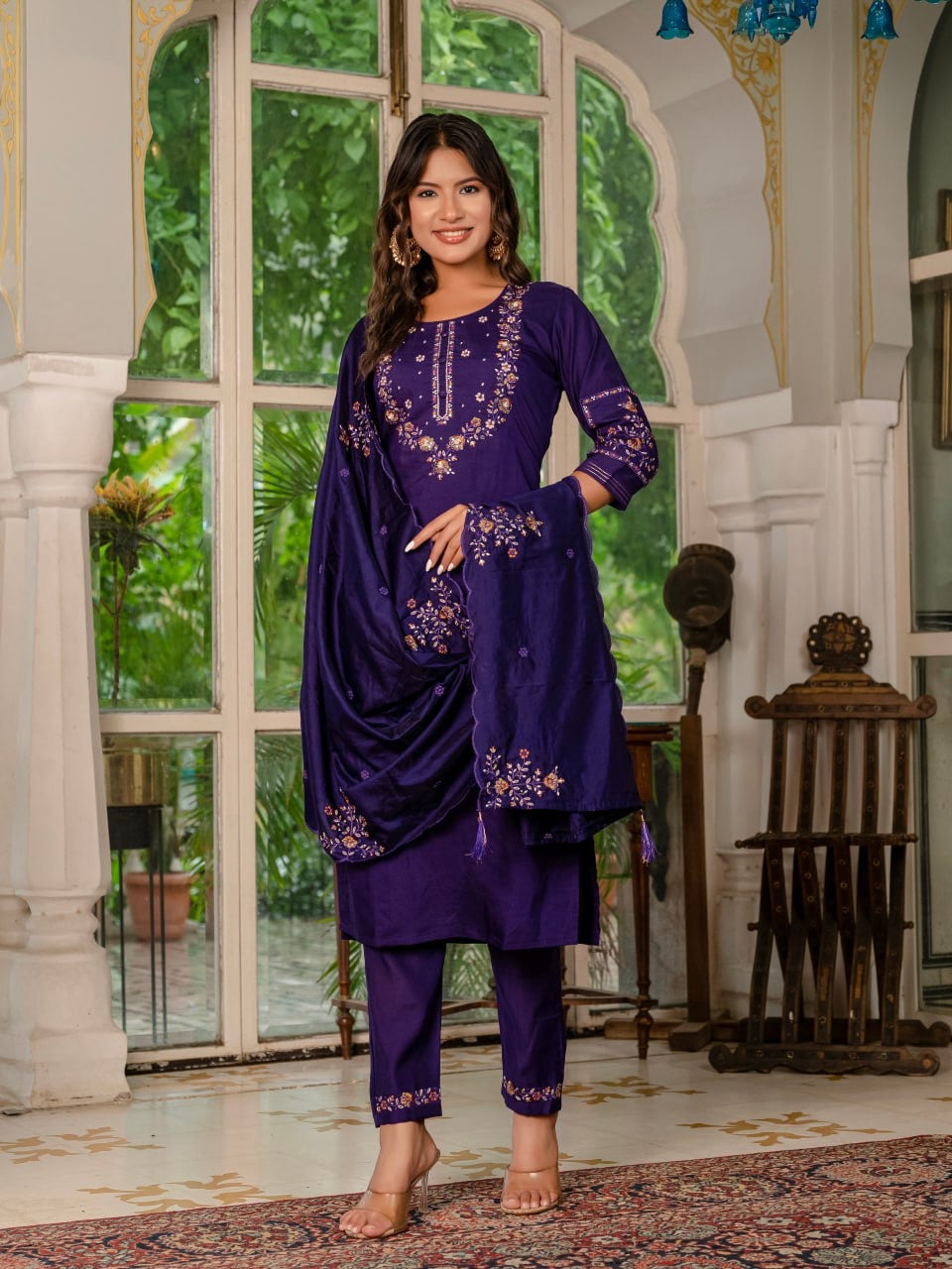 Elegant Marina Silk Straight Kurti Pant Dupatta Set with Multi Embroidery & Hand Work