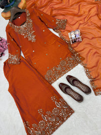 Designer Kurti-Palazzo set in premium moss tissue silk