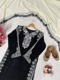 Trending black & white kurti plazzo set with elegant thread Embroidery work