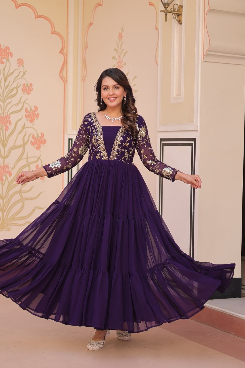 Premium Readymade Gown with Sequins & Zari Embroidery - 12 Meter Flair - FFlw9237
