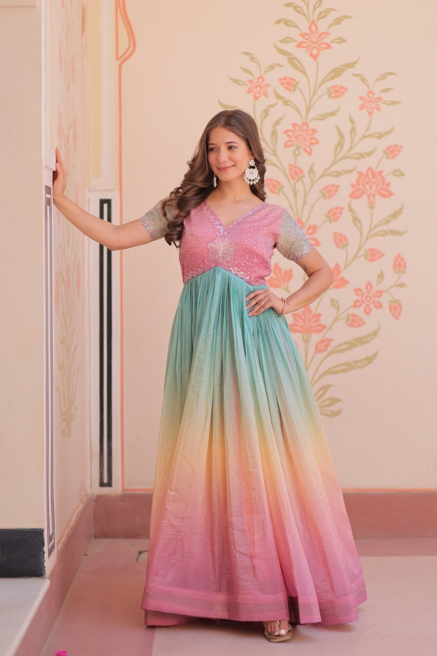 Premium Readymade Designer Gown with Gold Crush Padding & Beads Embroidery
