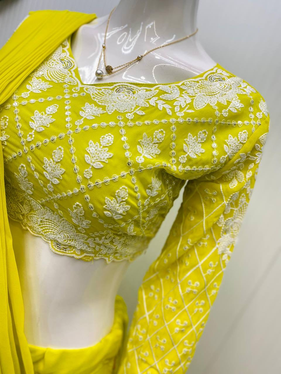 Ready To Wear Ruffles Saree with Long Sleeve Blouse in Lemon Yellow - Georgette with Moti Lace