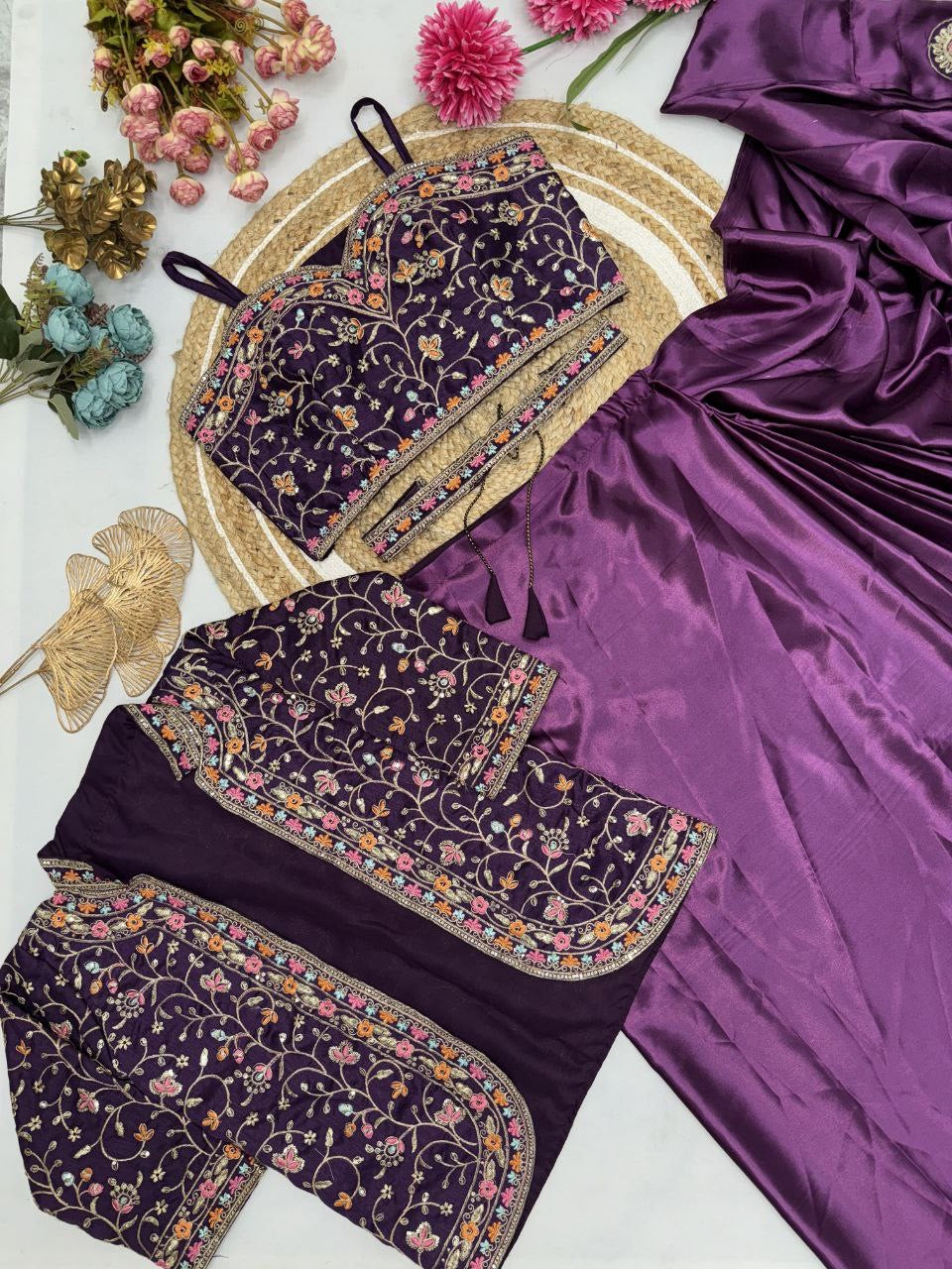 Ready To Wear Diamond Satin Silk Saree with Jacket & Embroidery Belt