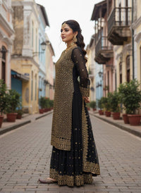 Black Royal Zari & Sequins Embroidered Kurti & Flared Palazzo Set with Elegant Dupatta