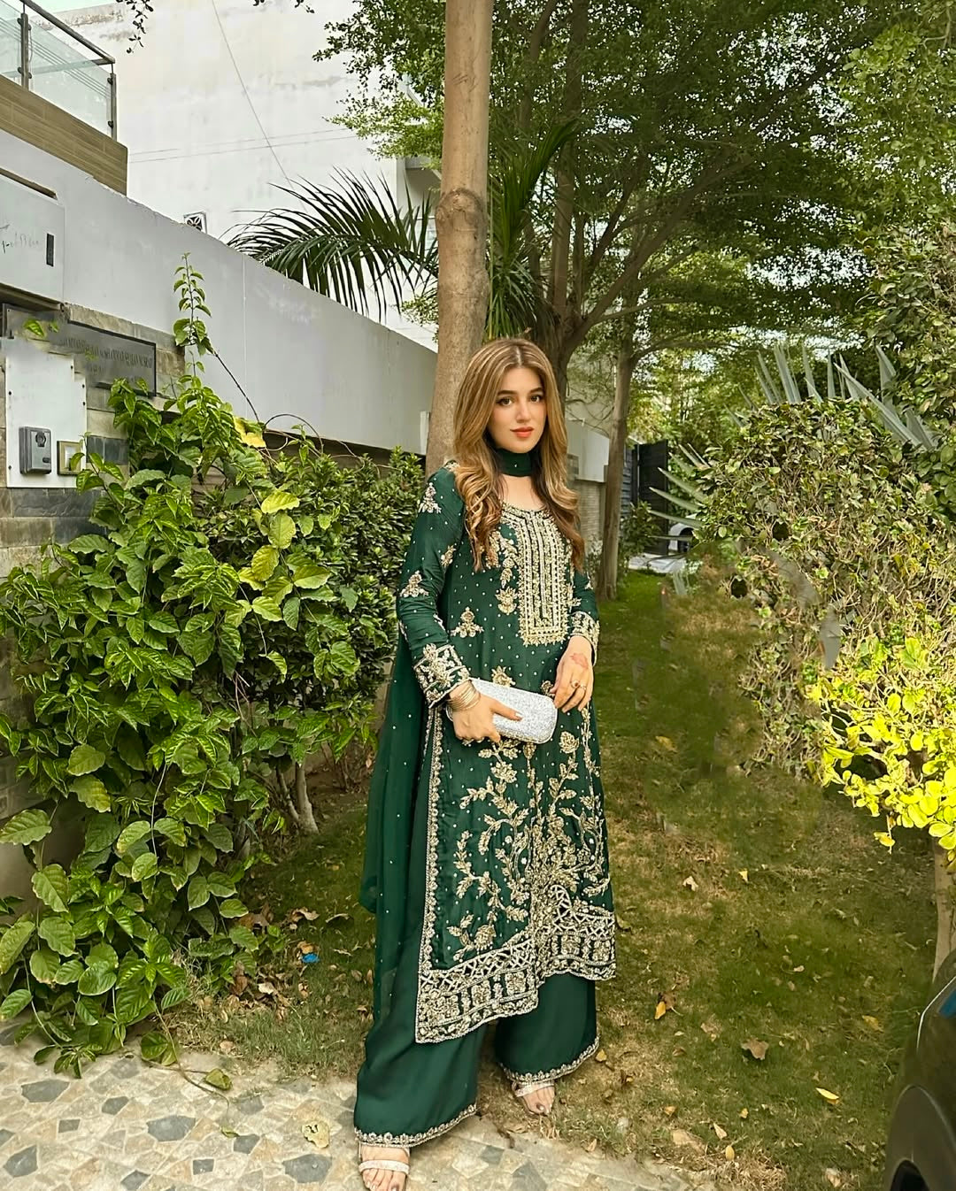 Chinon Silk Flaired Kurti-Palazzo Set with Zari & Sequin Embroidery - LC 1360