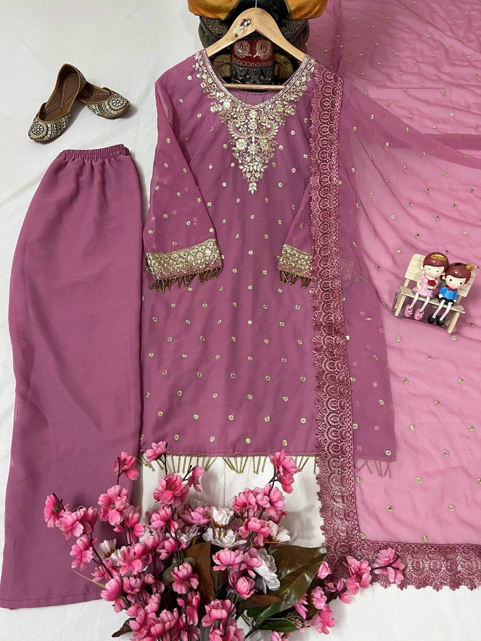 Georgette Kurti Pant Set with Sequin & Zari Embroidery - LC 1356