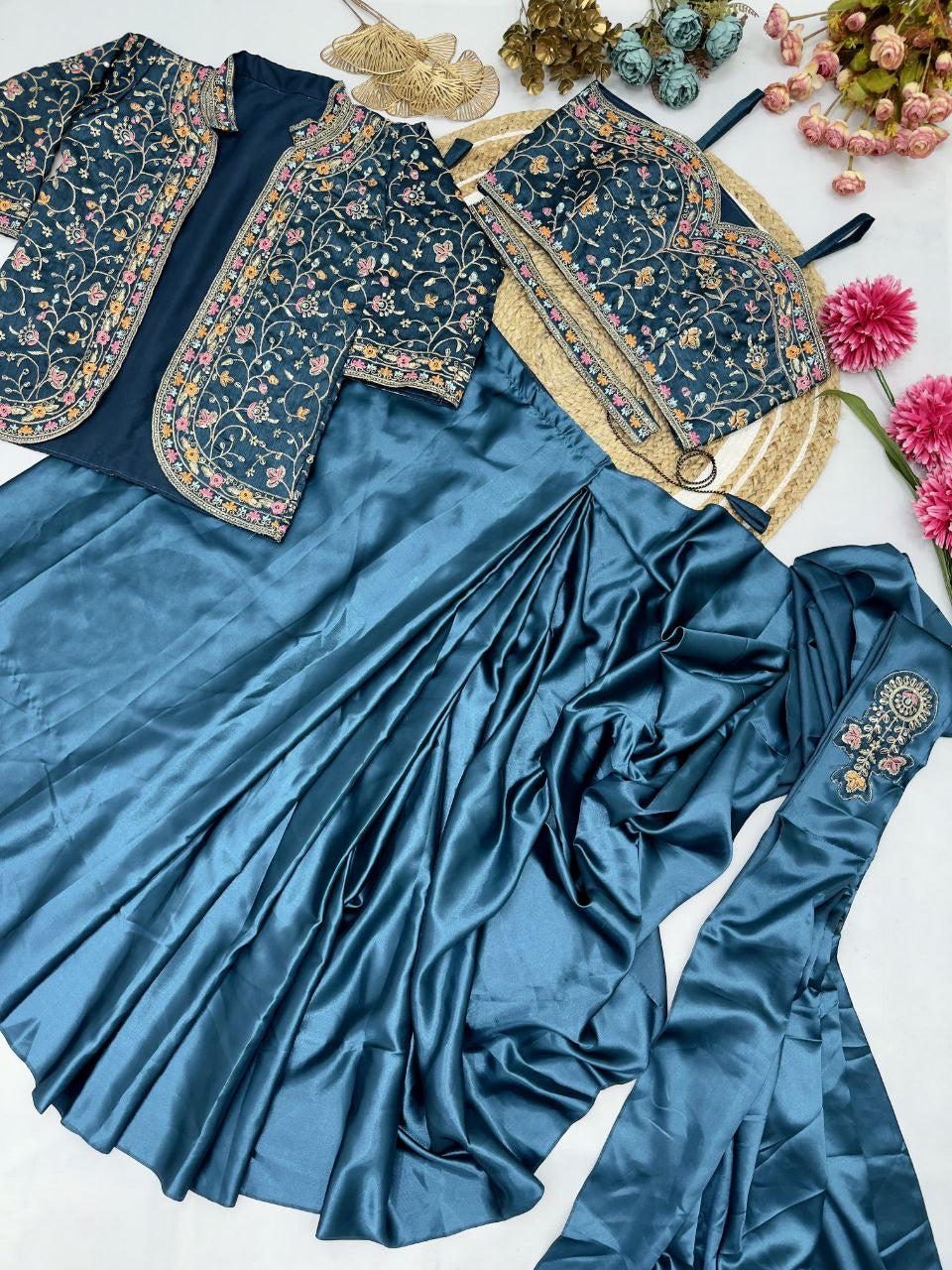 Ready To Wear Diamond Satin Silk Saree with Jacket & Embroidery Belt