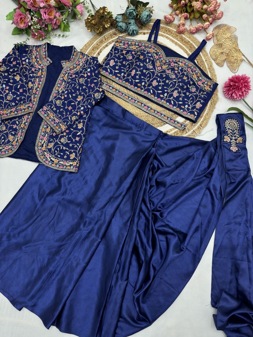 Ready To Wear Diamond Satin Silk Saree with Jacket & Embroidery Belt