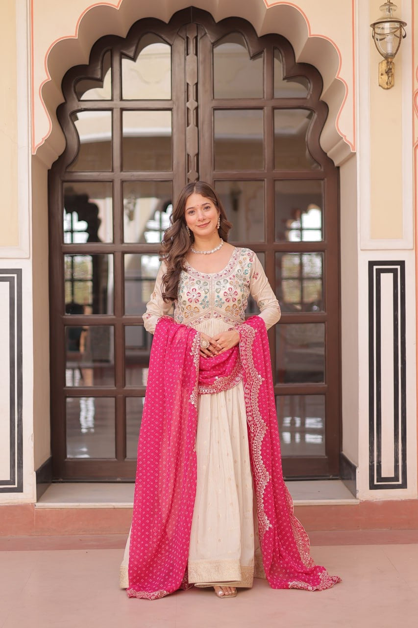 Trending Cosmos Jacquard Gown with Bandhani Printed Embroidered Cut Work Dupatta