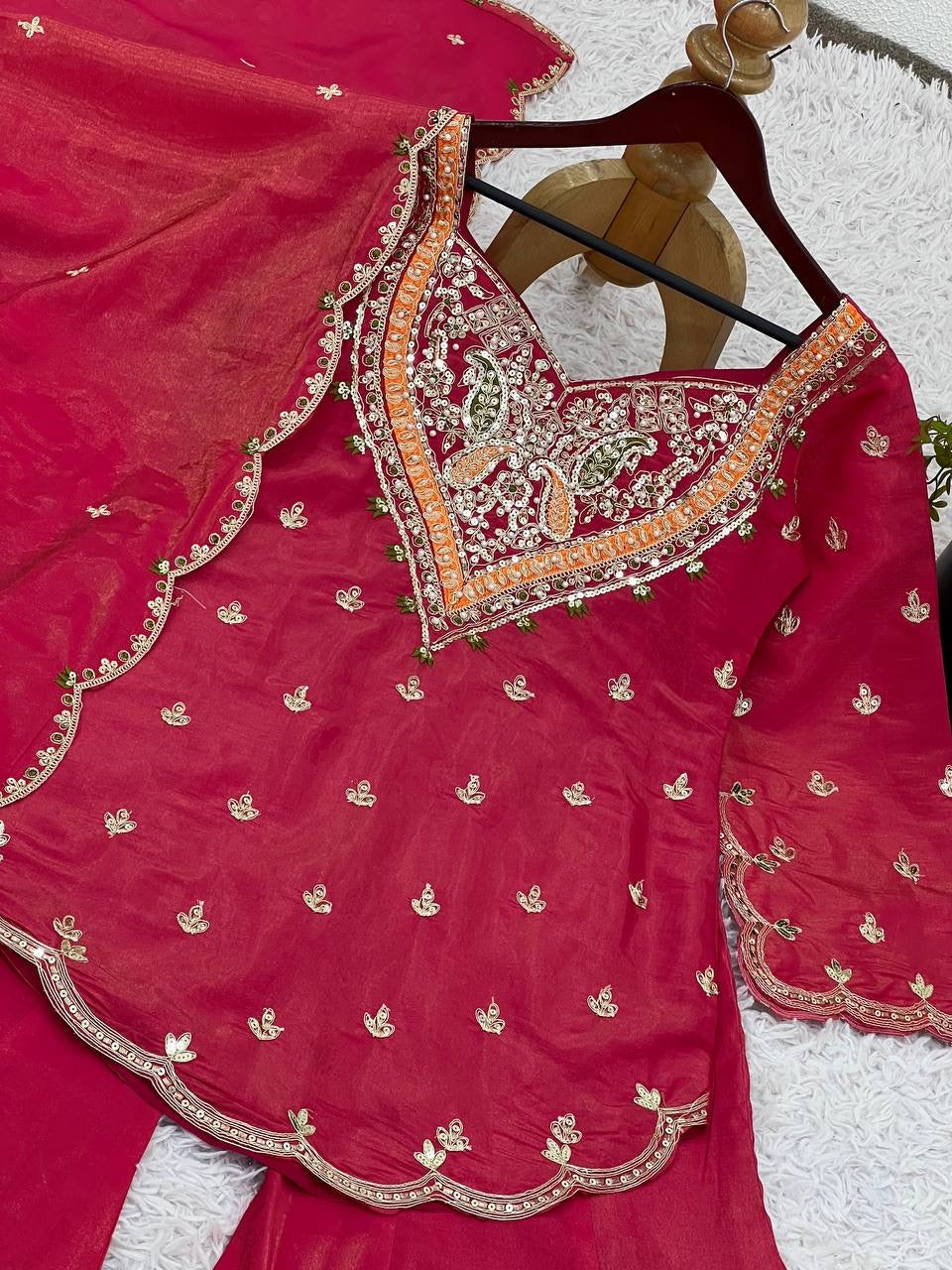 Festive special Designer Flaired palazzo Set with Embellished Kurti & Dupatta in Simar Silk fabric with Embroidery work - FFNSR-852