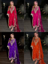 Stylish 4-pis kurti palazzo set in premium chinon silk fabric, in 4 amazing colors