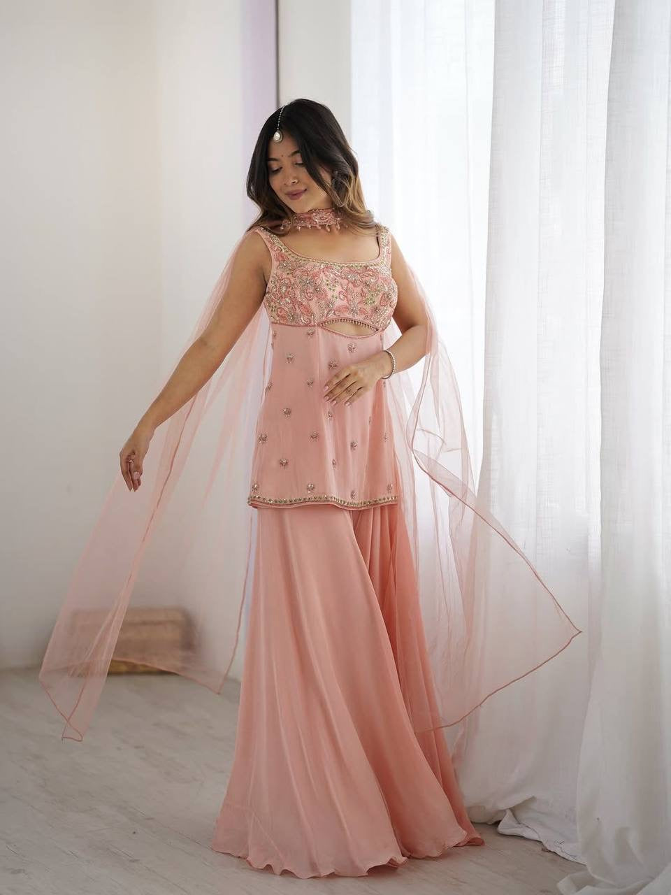 Designer Indo Western Three Piece Set with Sequence Embroidery & Silver Latkan