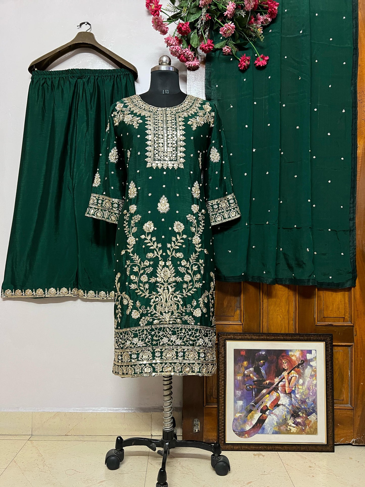 Chinon Silk Flaired Kurti-Palazzo Set with Zari & Sequin Embroidery - LC 1360