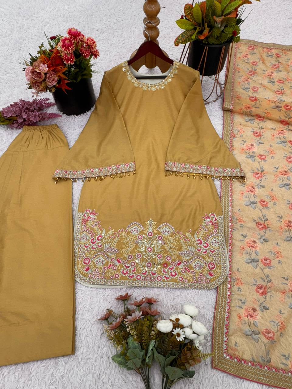 Designer French Crepe Silk kurti-palazzo & Dupatta Set with Embroidery - Ready To Wear