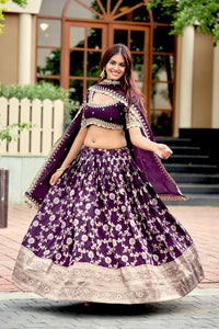 Royal Wine Banarasi Silk Semi Bridal Lehenga Choli with Wide Zari Border