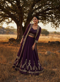 Modern Designer Semi-Bridal Wine Pink Lehenga Choli Set with Stylish Long Shrug in Premium Star Georgette Fabric for Wedding & Festive Wear