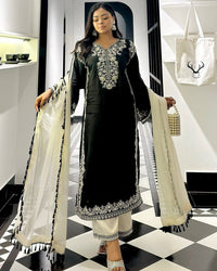 Trending black & white kurti plazzo set with elegant thread Embroidery work