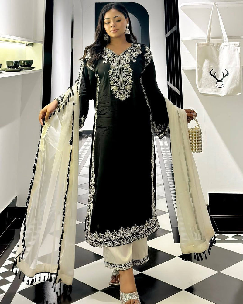 Trending black & white kurti plazzo set with elegant thread Embroidery work