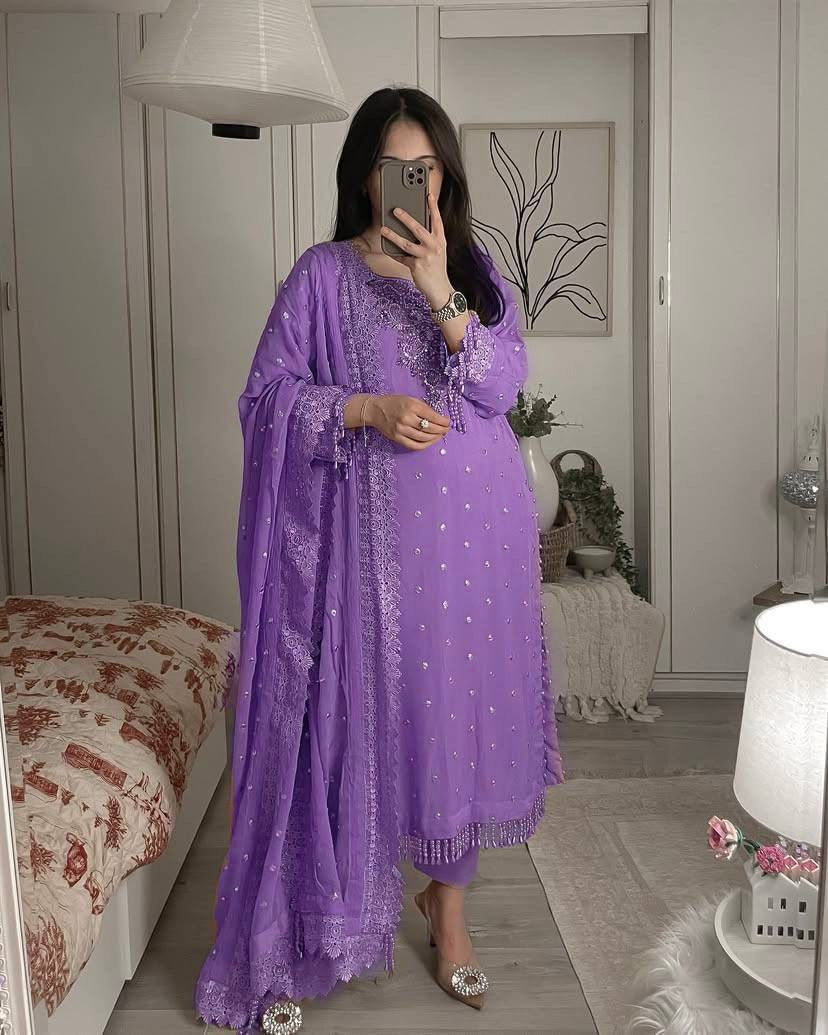 Georgette Kurti Pant Set with Sequin & Zari Embroidery - LC 1356