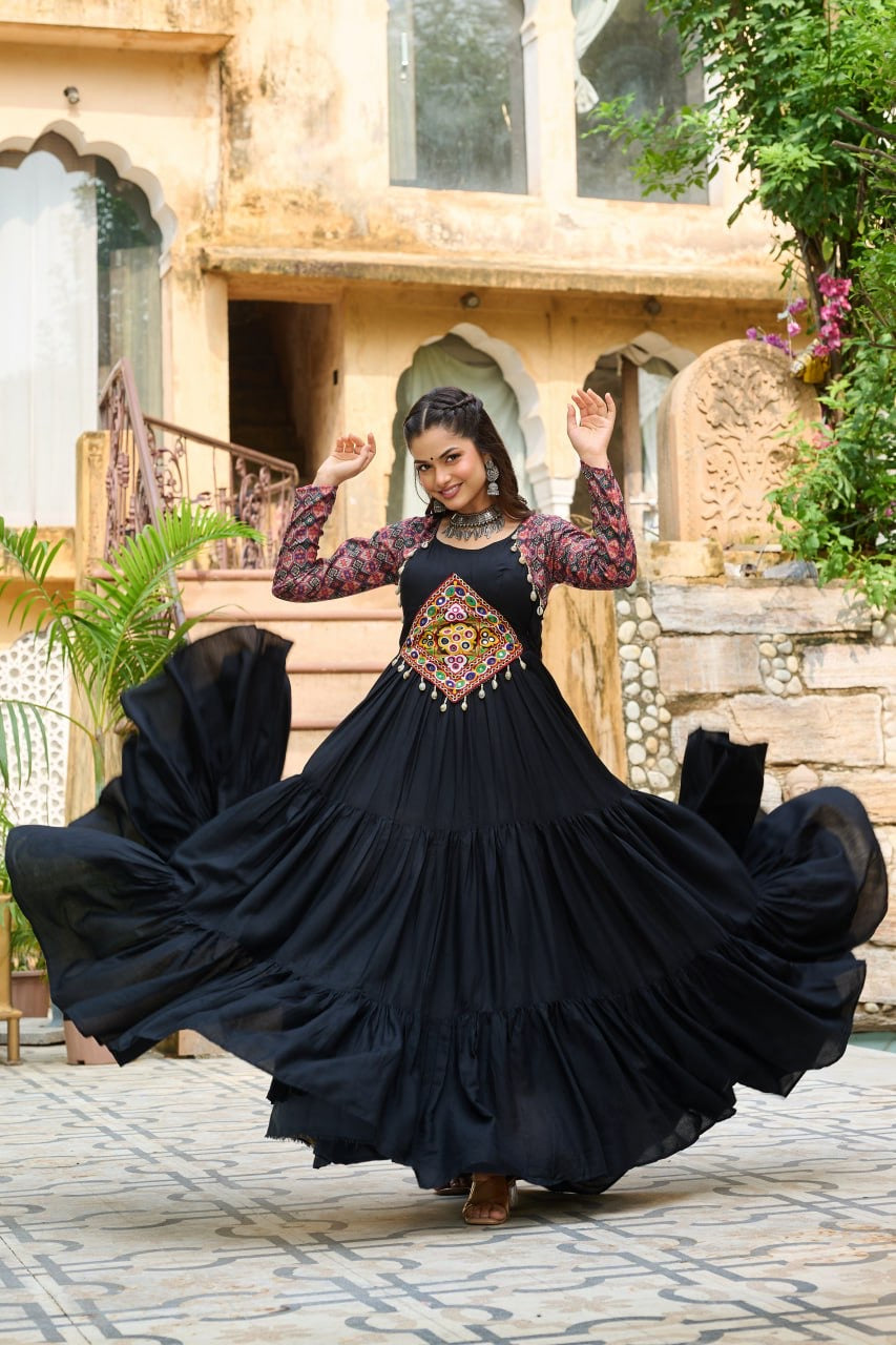 Navratri Gown with Kutchi Gamthi Embroidery - 12 Meter Flair - FFlw 9256