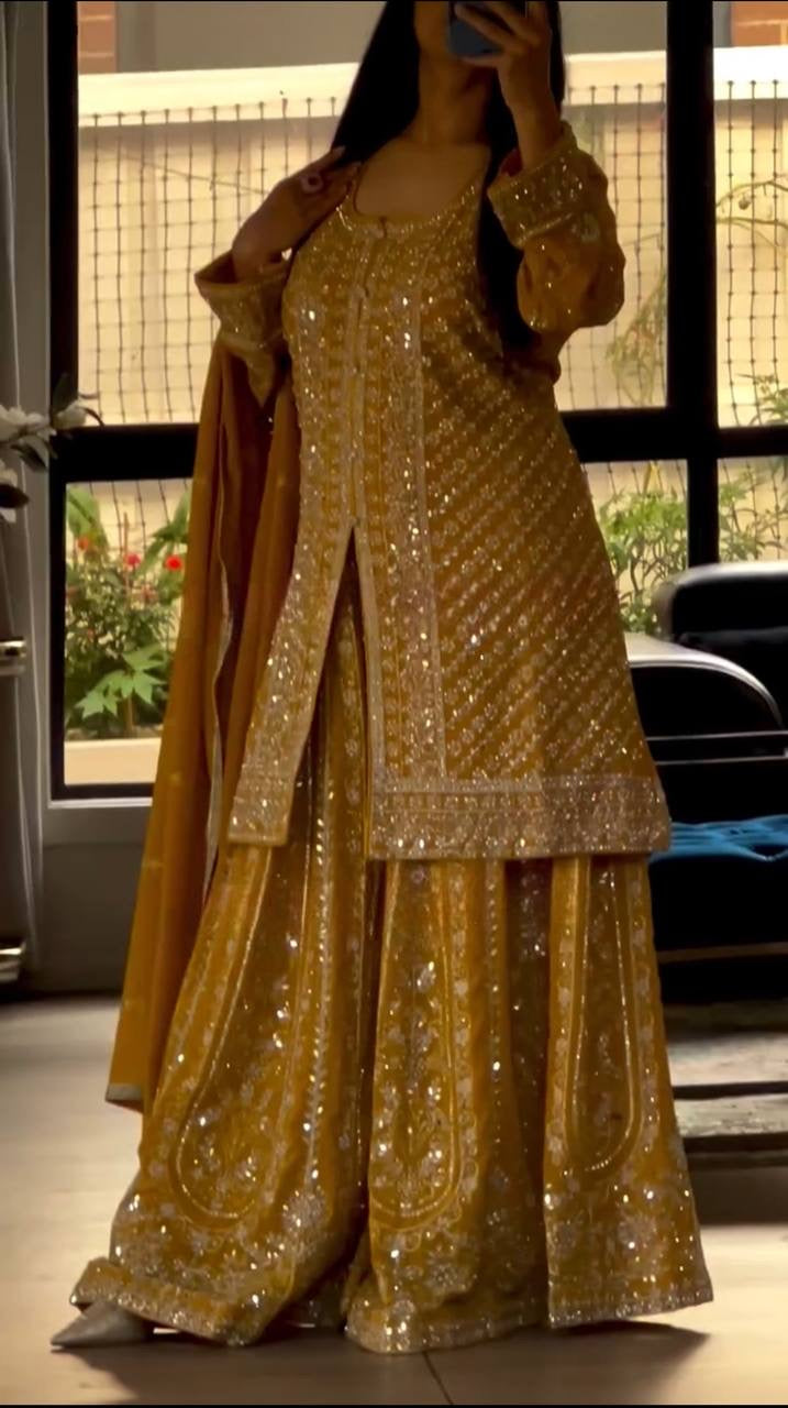 Designer Party Wear kurti- Flaired Palazzo & Dupatta with Heavy Embroidery - FFMF-449