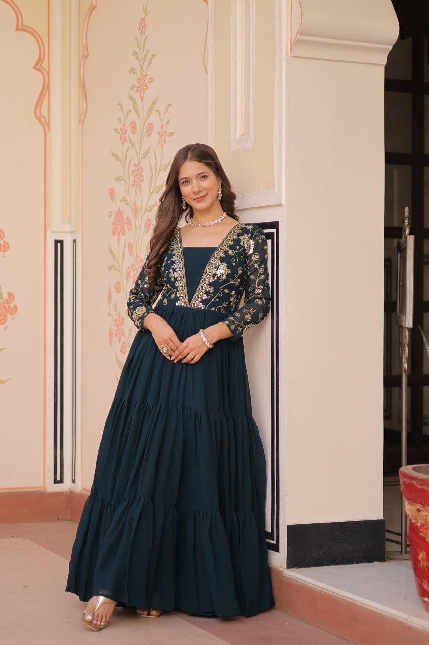 Premium Readymade Gown with Sequins & Zari Embroidery - 12 Meter Flair - FFlw9237