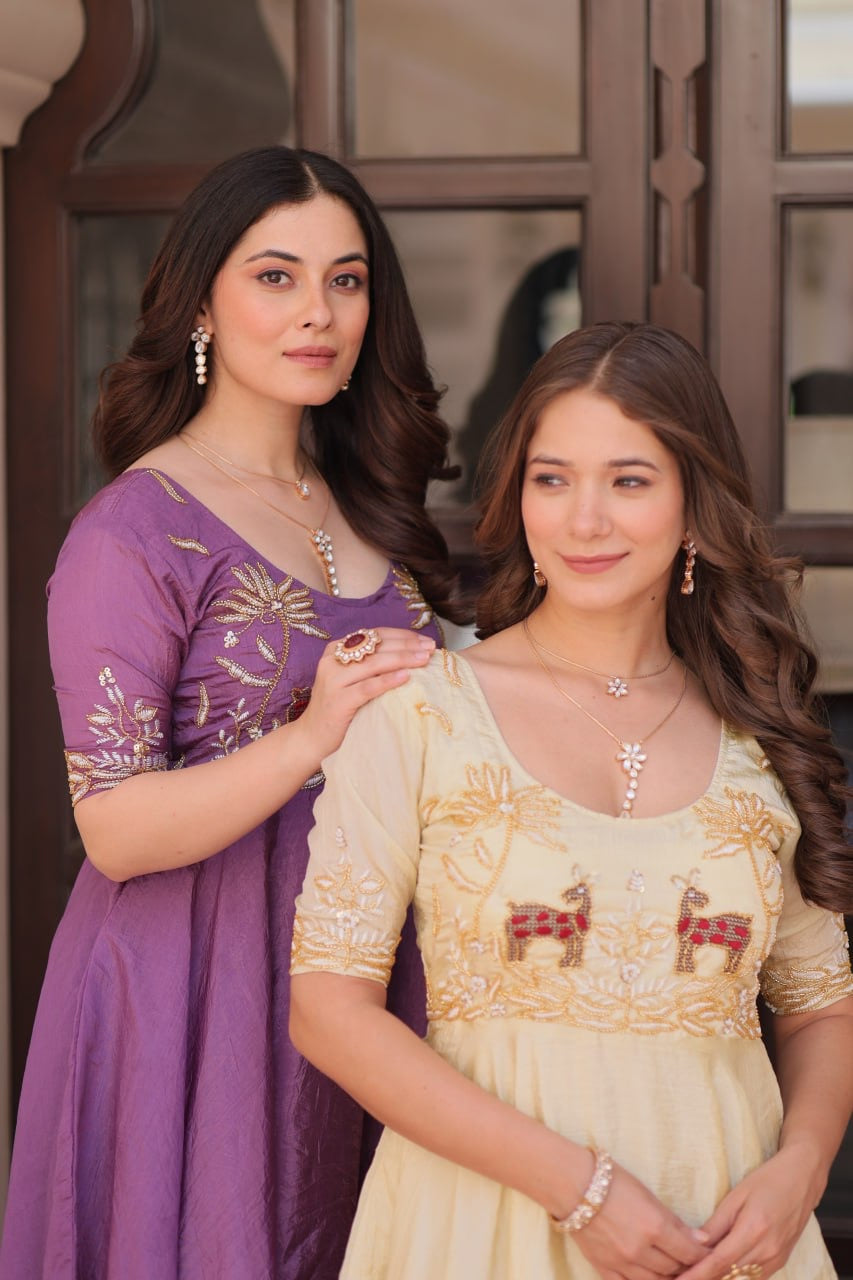 Premium Readymade Designer Gold Crush Gown with Beads Embroidery & Umbrella Flair