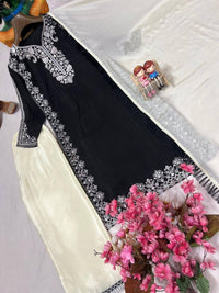 Trending black & white kurti plazzo set with elegant thread Embroidery work