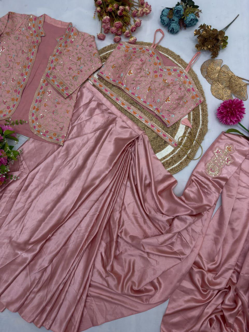 Ready To Wear Diamond Satin Silk Saree with Jacket & Embroidery Belt